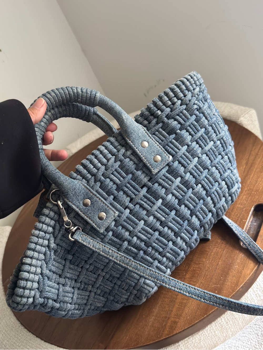 Balenciaga Blue Woven Denim-Textured Top-Handle Tote